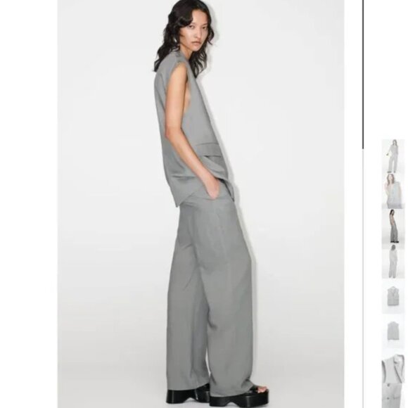 NWT ZARA 2 PIECES MATCH SET SUIT OVERSIZED LINEN BLEND VEST + FLARED PANTS GRAY - Picture 4 of 14